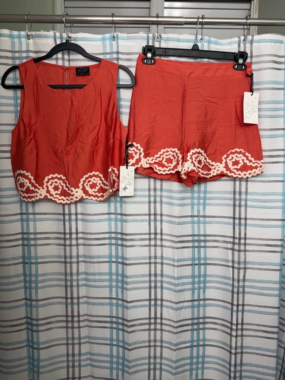 Rust Two-Piece Set with Cream Scallop Embroidery